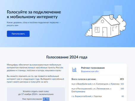 Минцифры России проводит голосование за подключение малых населенных пунктов к мобильному интернету. Минцифры России проводит голосование за подключение малых населенных пунктов к мобильному интернету.